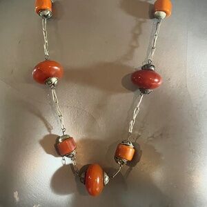 vintage handcrafted round and tubular amber silver metal copper necklace